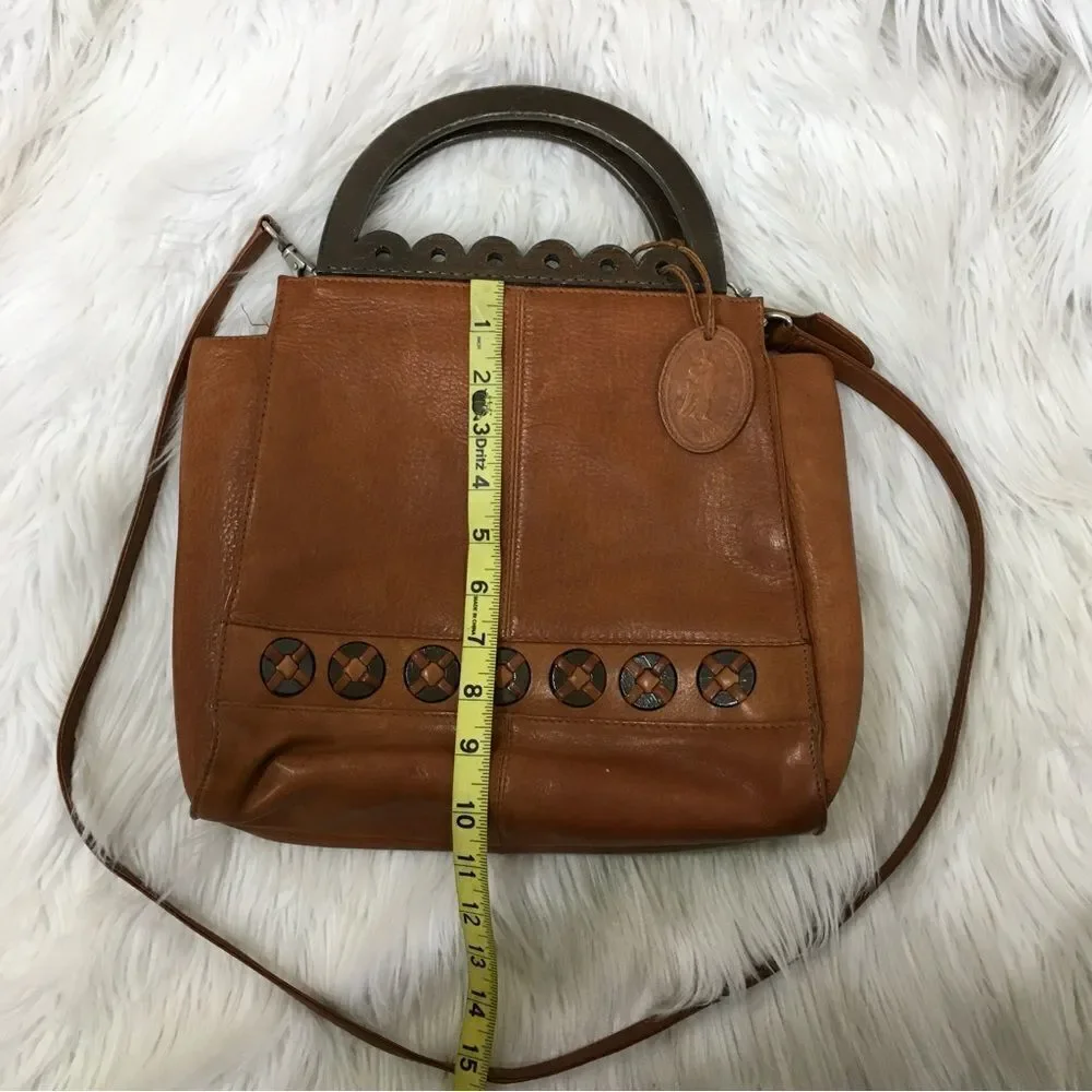 American Angel Womens Genuine Leather Wood Handle Shoulder Crossbody Bag Brown